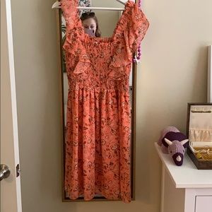 Neon coral botanical printed dress